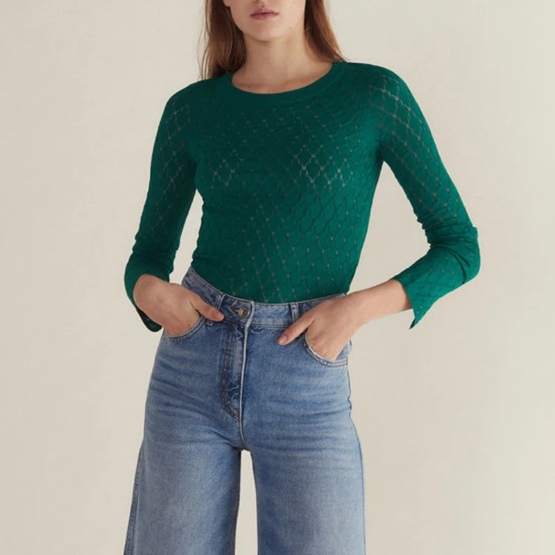 

2019 Women Green Knit Thin Sweater Hollow Out Long Sleeve Sexy Spring Autumn Bottom Slim Pullover Clothing
