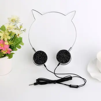 

Wholesale Cat Ear Headphones Wire-control Metal Crystal Cute Headphones With Microphone For Girl and Kids Music