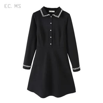 

EC.MS Mini Dress Women Black Pearl Buckle Black Simple Office Lady Dresses