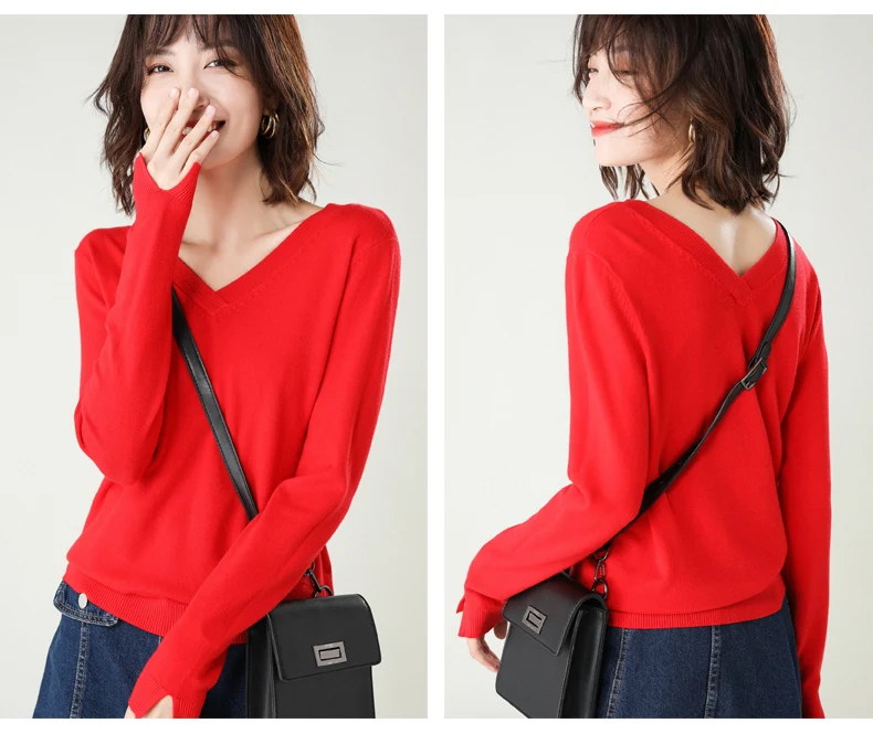 Зима кашемировый свитер женский свитер рубашка с V-образным вырезом корейской версии самосовершенствования сплошной цвет дикий свитер