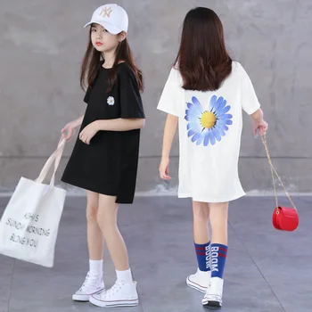 

Fashion Flower Print Kids Girls Long Tops Summer 2020 Short-Sleeve Korean Style Children's Cotton Outfit
