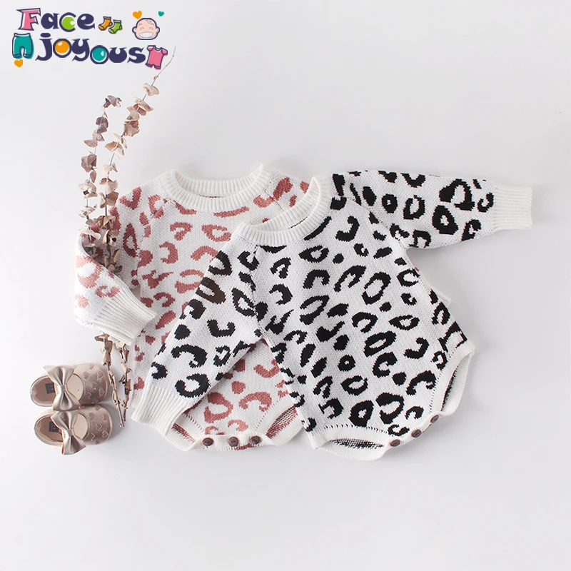 

2019 Baby Girl Toddler Leopard Knitted Romper Outwear Girls Knit Rompers Toddler Infant Sweater Autumn Winter Clothes