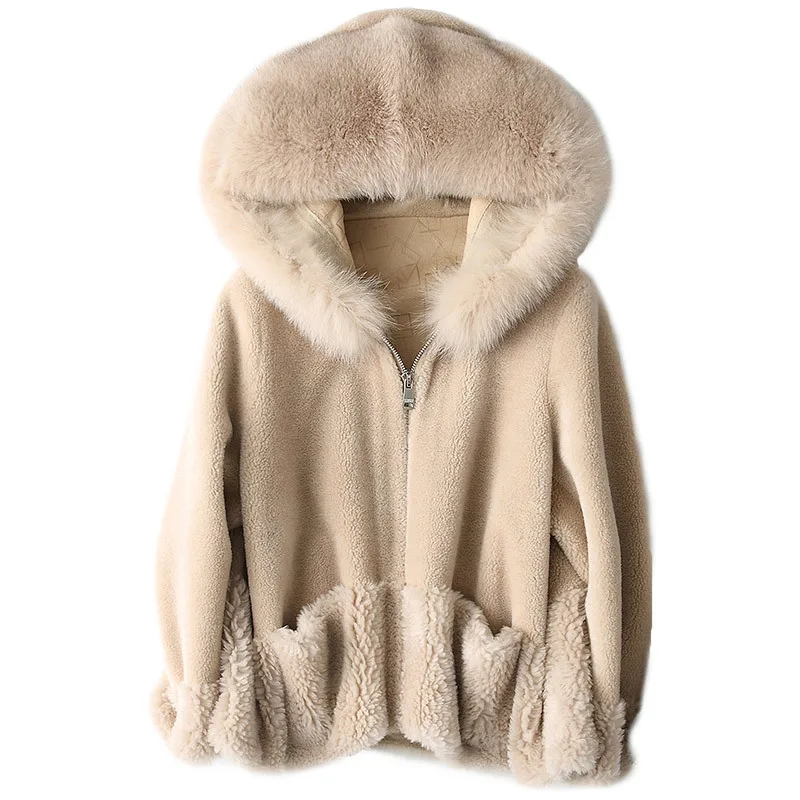 

Winter Coat Women Real Fur Coat Sheep Shearling Wool Jacket Fox Fur Trim Hood Jacket Warm Overcoat Abrigo Mujer