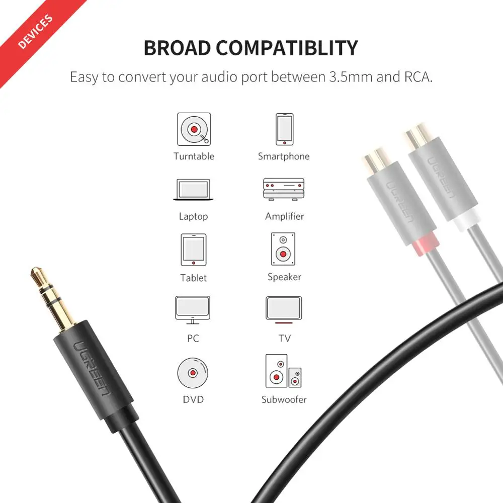 UGREEN 3.5MM  2 RCA   ׷  ̺ Y    forComputer Ŀ 3.5 RCA  ̺