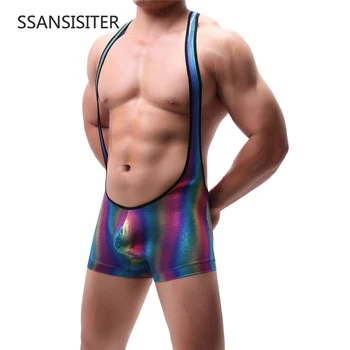 

Sexy Men Bodysuits Shiny Striped Graffiti Fitness Shapper Jumpsuits Shorts Body Stocking Wresting Singlet Gay Exotic Clubwear