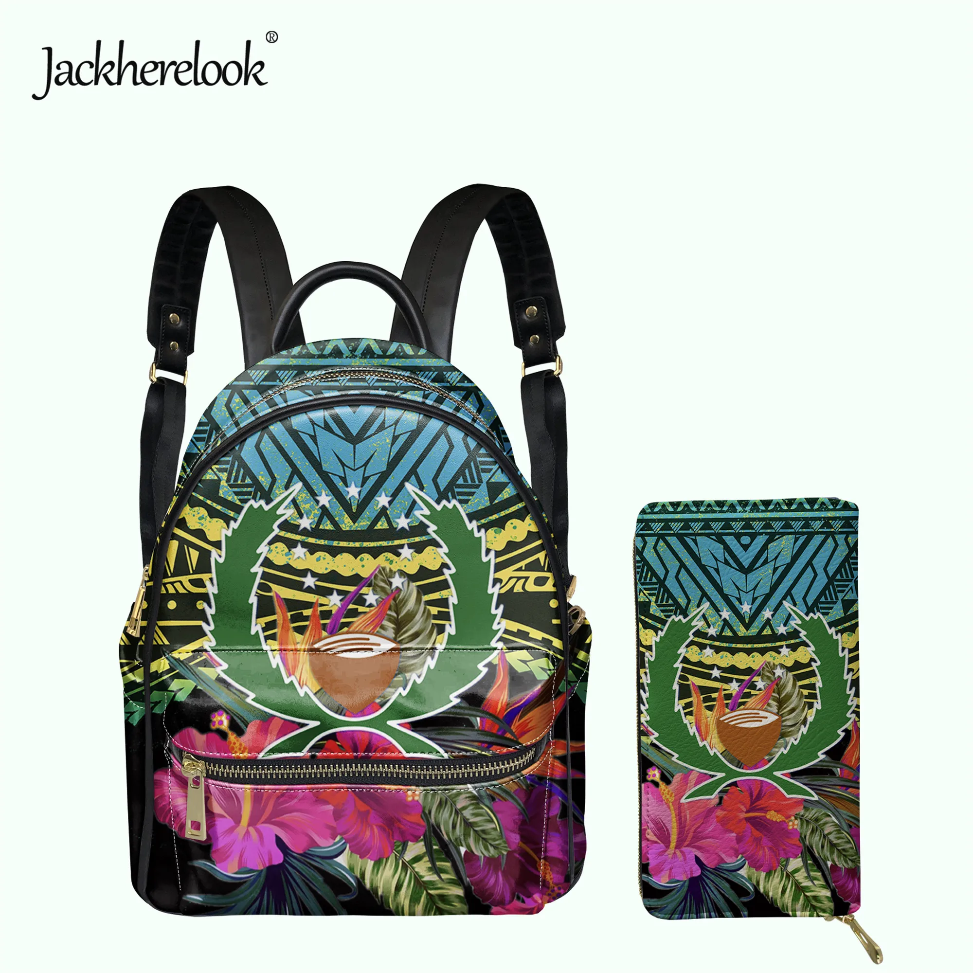 

Jackherelook Colorful Pohnpei Hibiscus Polynesian Pattern Women's Backpack Clutch Wallet 2pcs/Set Girls Small Schoolbag Mochila