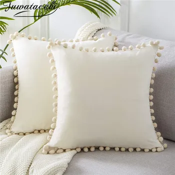

Fuwatacchi Soft Velvet Cushion Cover with Pompom Ball White Yellow Pillow Cover Bedroom Sofa Decoration Pillow Case 45x45cm