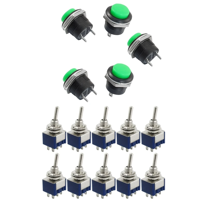 RISE-Kit of 5 X Momentary Spst NO Green Round Cap Push Button Switch AC 250V/3A + 10 Pcs 125V 6A Amps ON/ON 2 Position Dpdt T |