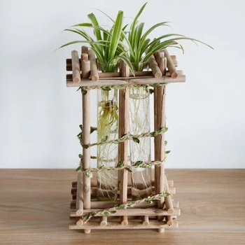 

Green Plants Glass Hydroponic Wooden Vase Pure Handwork Solid Wood Cabinet Desktop Flower Stand Container Table Home Decoration