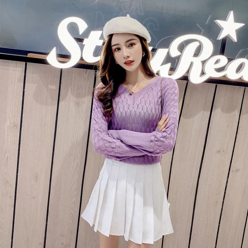

Korean Hollow Out Pullover Sweater Underwear V-neck Long Sleeve Sweaters Loose Tops New Autumn Women Sweater 5 Colors Z2025