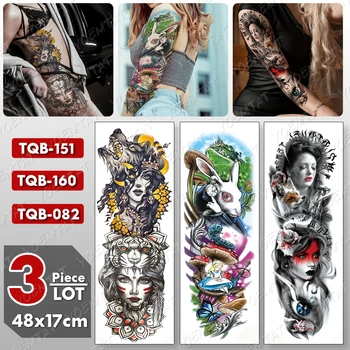 

3 pcs/lot Large Arm Sleeve Tattoo Alice in Wonderland Waterproof Temporary Tattoo Sticker Leg Waist Body Art Fake Tattoo Women