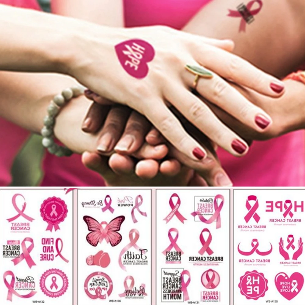 Tatouage Avec Ruban Rose Cancer Autocollants de tatouage temporaire PBR027(10), ruban rose mois de  sensibilisation au Cancer du sein, autocollants de  marche/espoir/combat/foi/amour | AliExpress