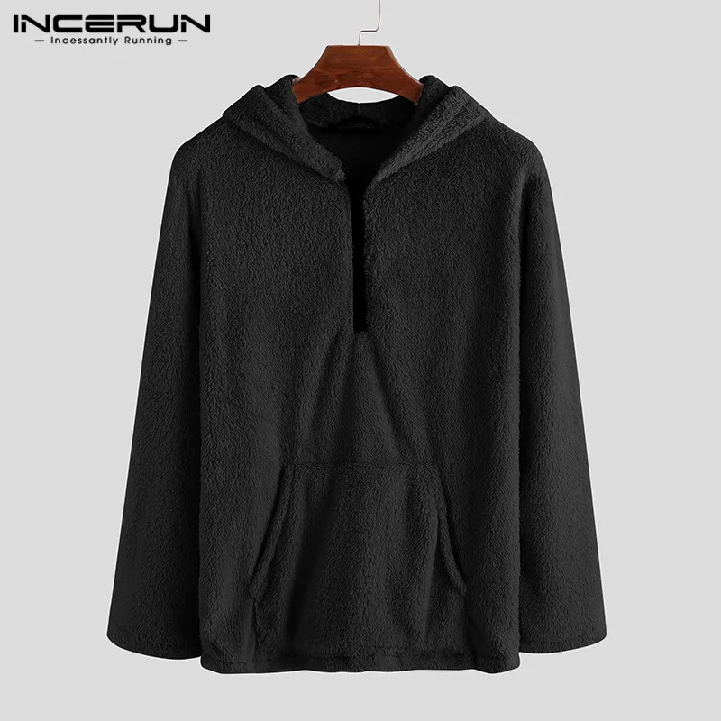 INCERUN Winter Fleece Men Sweatshirts Zippers Hooded Long Sleeve Fluffy Pullovers Fashion Casual Furry Pockets Street Hoodie Men - Color: Black Hoodies