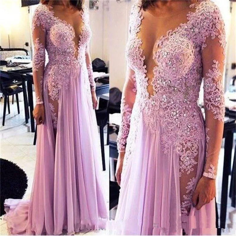 2020 Arabisch Lange Mouwen Split Chiffon Roze Avondjurken Wear Jewel Neck Illusion Kant Applicaties Crystal Formele Prom Jassen 2020 Arabisch Lange Mouwen Split Chiffon Roze Avondjurken Wear Jewel Neck Illusion Kant Applicaties Crystal Formele Prom Jassen