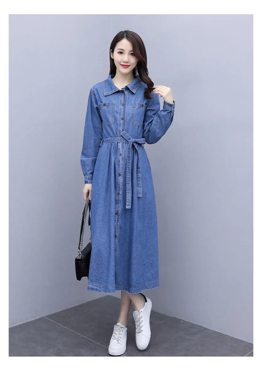אביב סתיו ארוך שרוול מזדמן ג 'ינס שמלת נשים כיסי כפתור בתוספת גודל ג' ינס שמלה גבוהה רחוב אופנה ארוך שמלות Robe