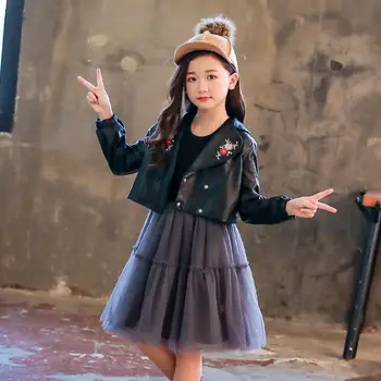 

Autumn Children Embroidery Leather Jackets Girls Outwear Kids PU Leather Coats+Dress 2PCS girls dress sets 3-12 girl clothes