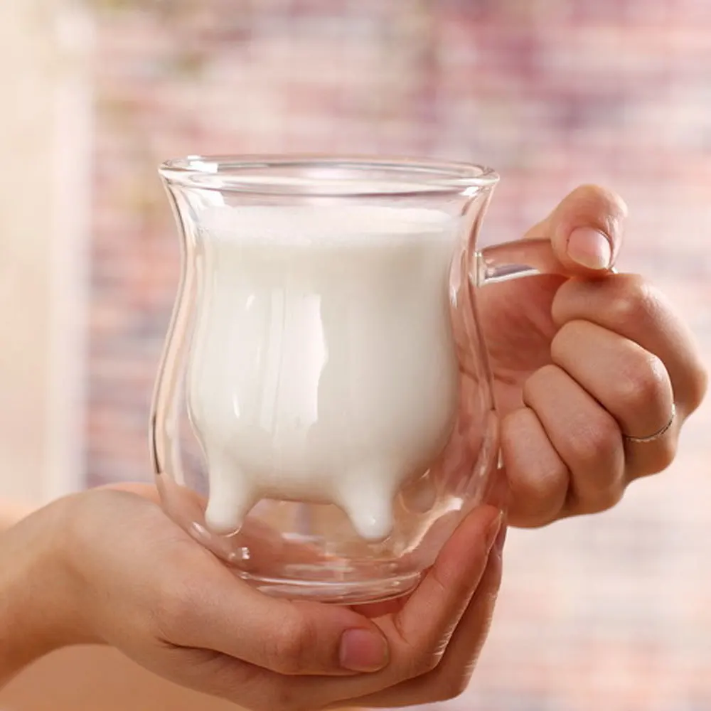Cute Milk Mug Double Layer Heat resistant Glass Cow Cups Clear Milk Cup
