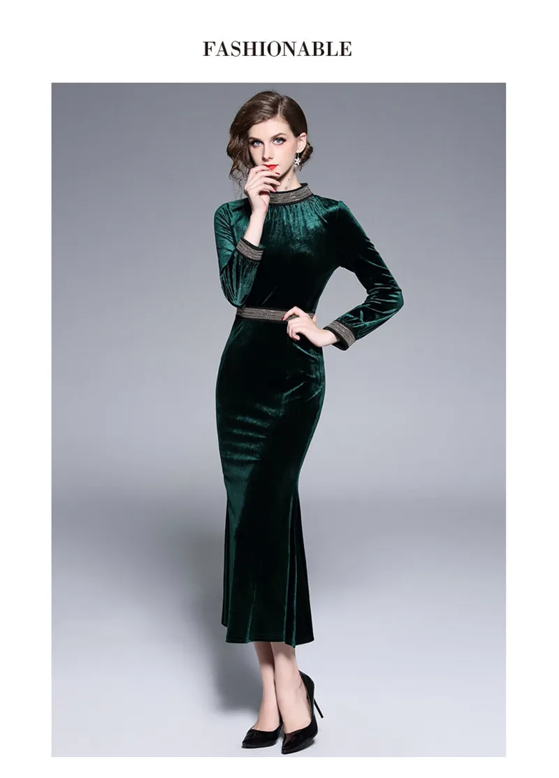 Осенне-зимнее черно-зеленое бархатное офисное платье больших размеров женское сексуальное кружевное Клубное платье с длинными рукавами Дамское Платье-труба XXL