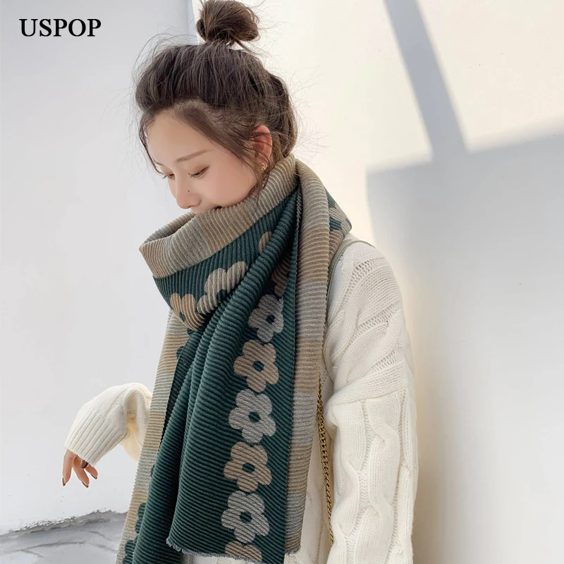 

USPOP 2019 New winter scarf women flower print scarves thickened large shawl female soft faux cashmere scarf