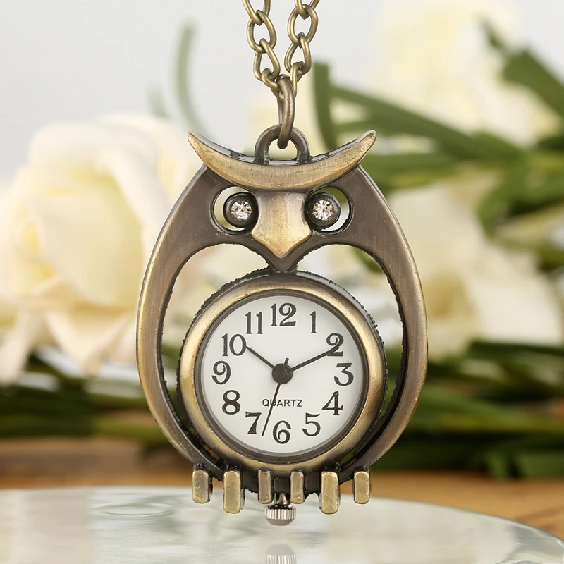 Уникальные бронзовые полые карманные часы Алмазный глаз чехол Сова прочная тонкая цепочка подвеска ожерелье Кварцевые часы Подарки для мужчин и женщин