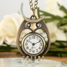 Уникальные бронзовые полые карманные часы Алмазный глаз чехол Сова прочная тонкая цепочка подвеска ожерелье Кварцевые часы Подарки для мужчин и женщин