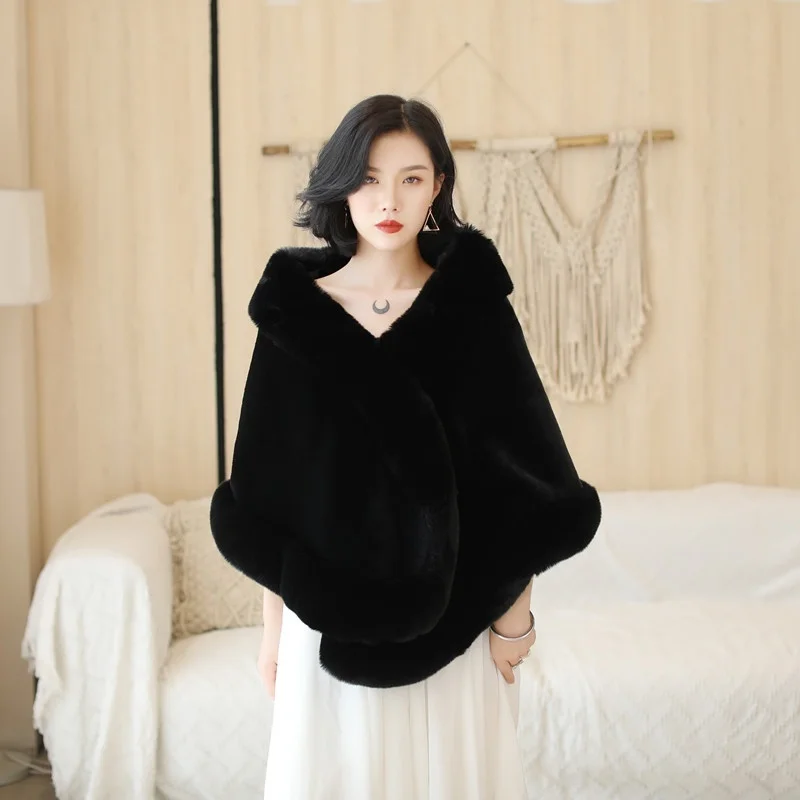Black Faux fur Women Bridal Wedding Party Shawl Shrug Jacket Cape Stole