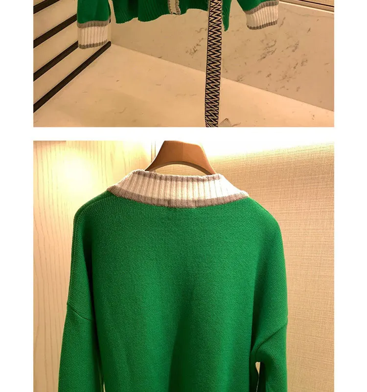 Женский осенний свитер с одной пуговицей, пэчворк, v-образный вырез, сексуальный, зеленый, белый, свободный, длинный рукав, вязаный кардиган, пальто, корейский стиль, повседневный