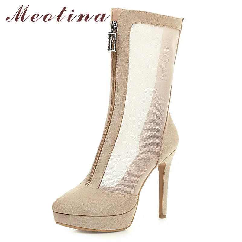 

Meotina Summer Mid Calf Boots Shoes Women Sexy Cutout Platform Thin Heels Boots Zipper Extreme Hgh Heel Shoes Lady Spring 33-43