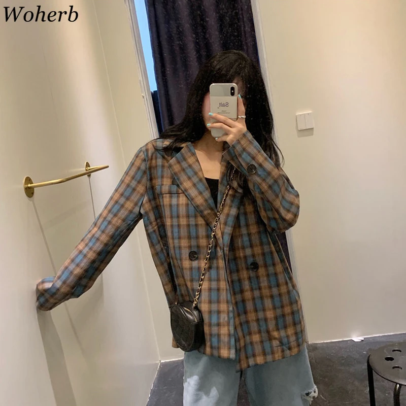 Woherb/Новинка осени, клетчатые женские блейзеры и куртки, винтажный двубортный костюм с длинными рукавами, корейская мода, новая уличная одежда 90843