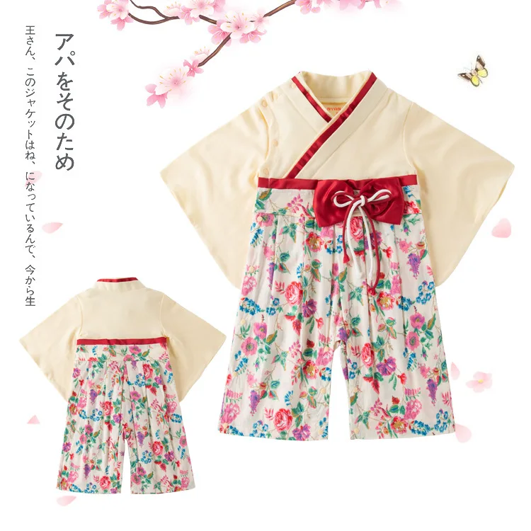 Baby Girl Kimono Baby Clothes Japanese Romper Print Kimono Floral Print Red Bow Kawaii Clothing