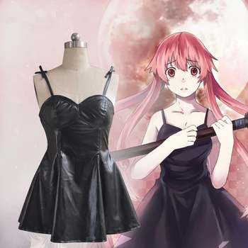 

Gasai Yuno Cosplay Dress Mirai Nikki COS Apparel Anime PU Skin Dress Adult Ms Outfit Give away Headdress Bow Halloween Party