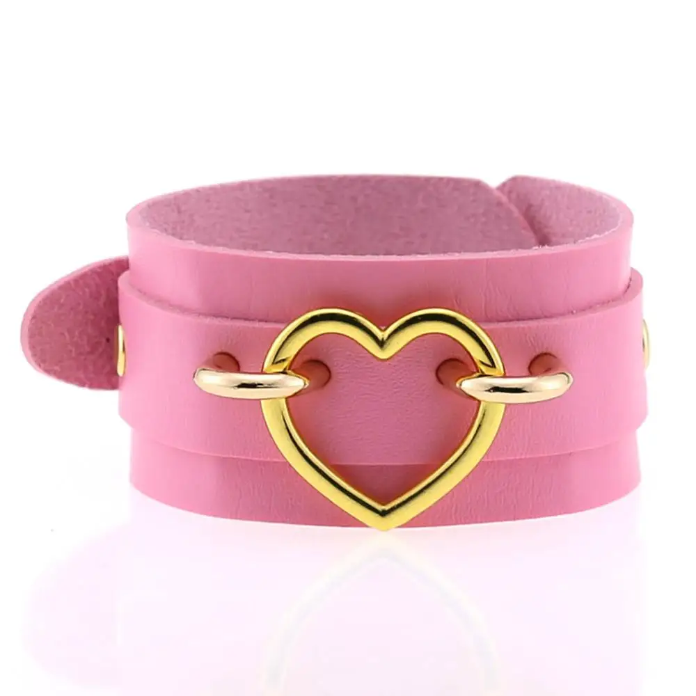 pink Браслет с сердечком, черный кожаный браслет, манжета, Готическая пряжка, нарукавники, панк браслеты для женщин, косплей, ювелирные изделия, аксессуары - Окраска металла: pink