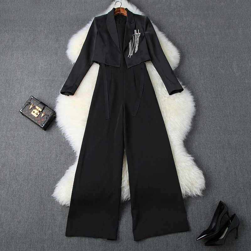 

Women Bandage jumpsuit Beading Blazer Jacket and Loose Wide Leg Pant 2 Pieces Set Female Wear to office Business jumpsuit