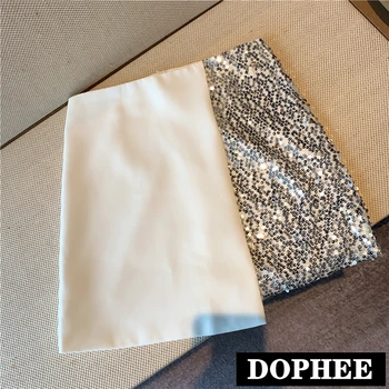 

2020 Spring New Celebrity Sequin Splicing High Waist Short Skirt Women's Retro Asymmetrical Skirts