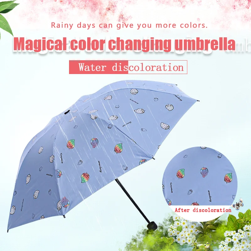 

Cute Strawberry Tri-Fold UV Protection Rain Travel Umbrella Magic Discoloration Water Bag Umbrella for Valentine's Gift