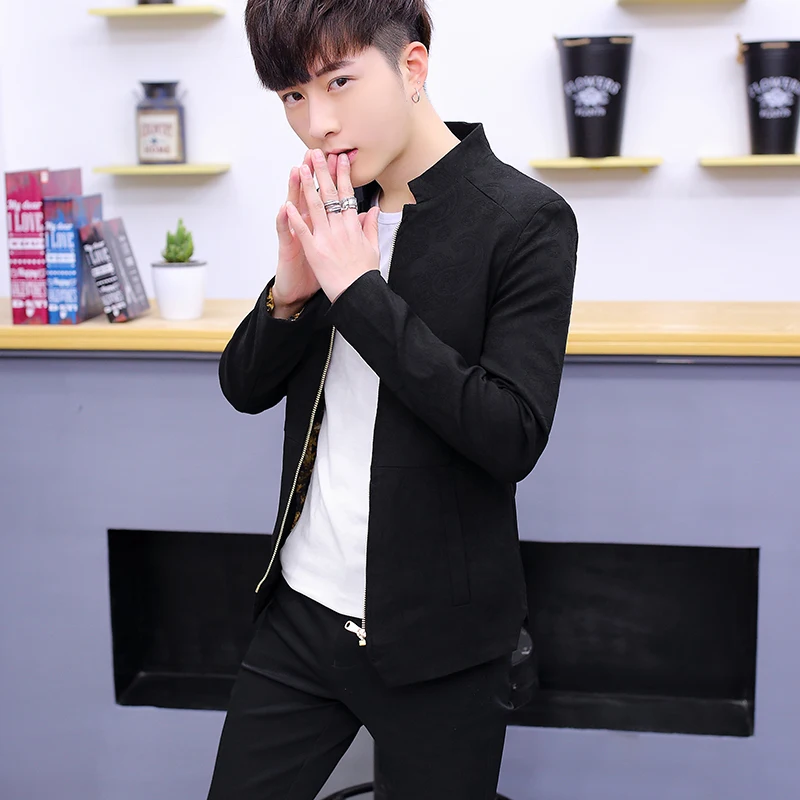 

Halozeroo Fashion Men's Stand Collar Short Jacket Pattern Slim Fit Men Coat Long Sleeve Navy Black Wine Khaki Male Outwear F45