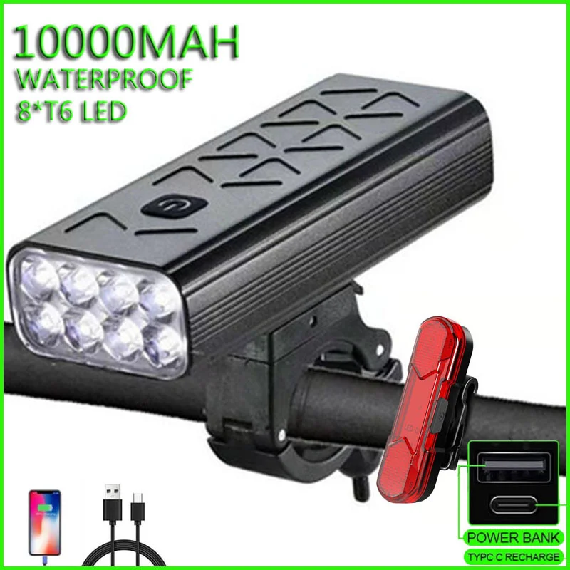 

8T6 LED Bicycle Light USB Rechargeable 10000mAh Bike Light Rear Headlight Super Bright Flashlight MTB Rode Cycling Front Lamp