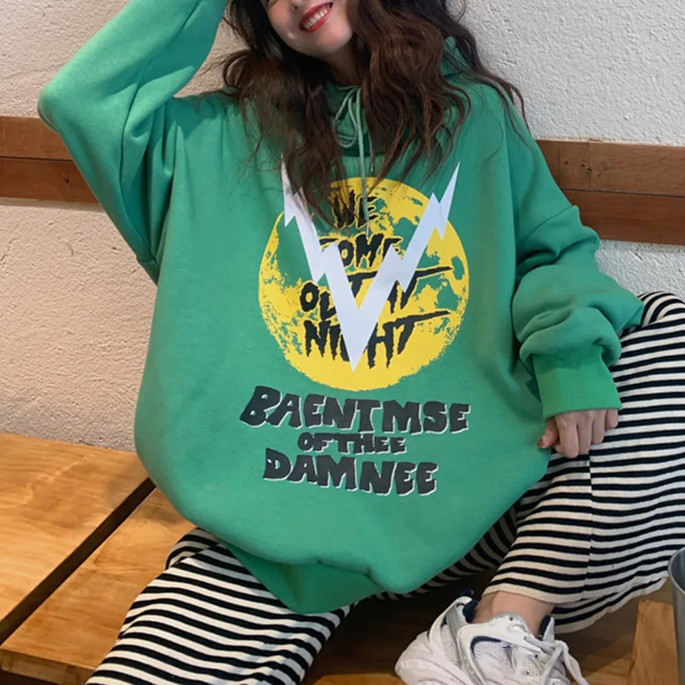 

Sweatshirt Women Pullover Autumn And Winter Plus Cashmere Hooded Casual Fashion Letter Printing Loose Hoodie Cool Slim Loose
