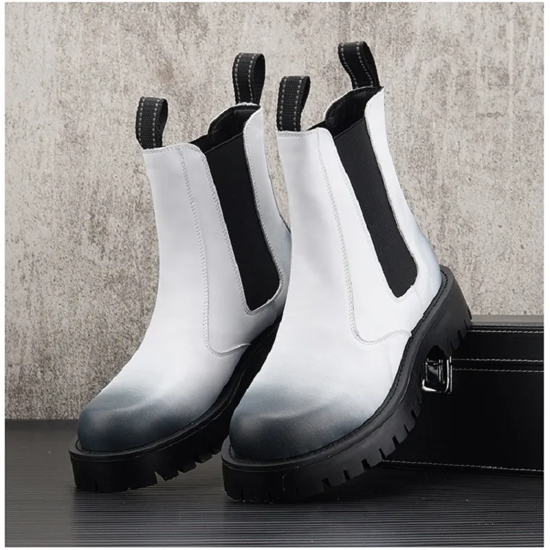 British mens Chelsea boots high top male height increasing platform short mid calf motorcycle 38-44