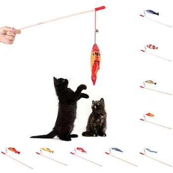 

Artificial Fish Pet Cats Toy Kitten Catnip Bell Teaser Interactive Trainning Toy Wood Tease Rod Cat Sticks Plush Stuffed