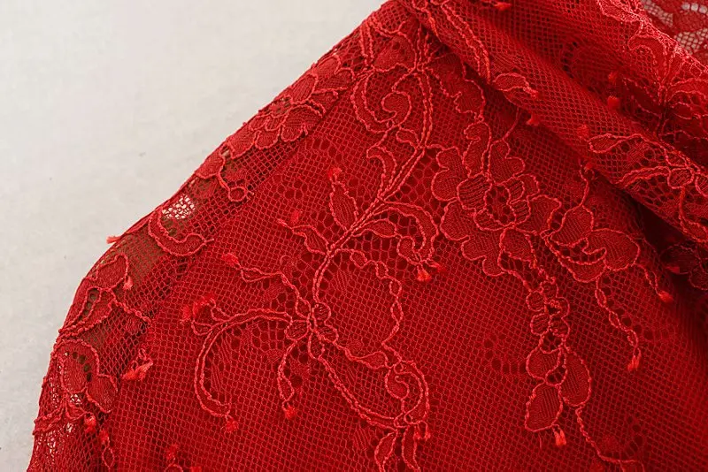 Модная женская элегантная красная кружевная блузка с бантом и воротником, женские полупрозрачные сексуальные топы с длинным рукавом и эластичной талией CCWM9479