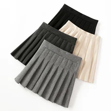 Autumn Winter Mini School Pleated Skirts Woolen High Waisted 2-Layer Warm Women Skirt Korean Chic Elastic Waist Gray Clothes