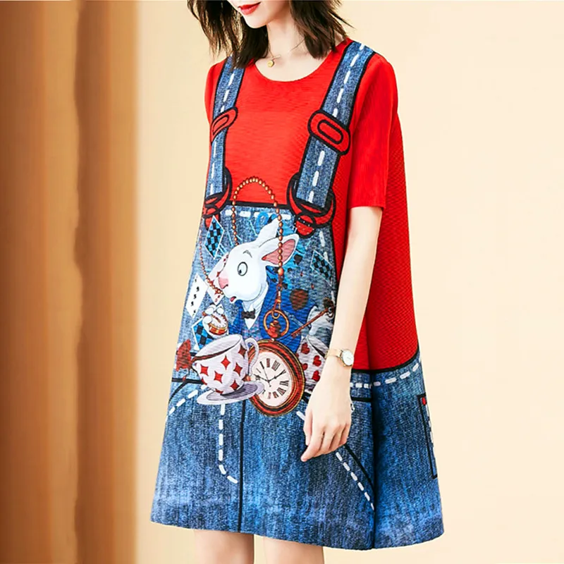 

Casual Fashion Cartoon Overall Printed Women T-shirt Dress 2021 Summer Women Shorts Sleeve Dress O Neck Loose Dresses SY220