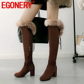 

EGONERY winter new warm flock over knee boots outside high heels round toe comfortable zip women shoes drop shipping size 32-43
