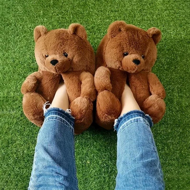 Плюшевые домашние тапочки Тедди коричневые женские мягкие Нескользящие
