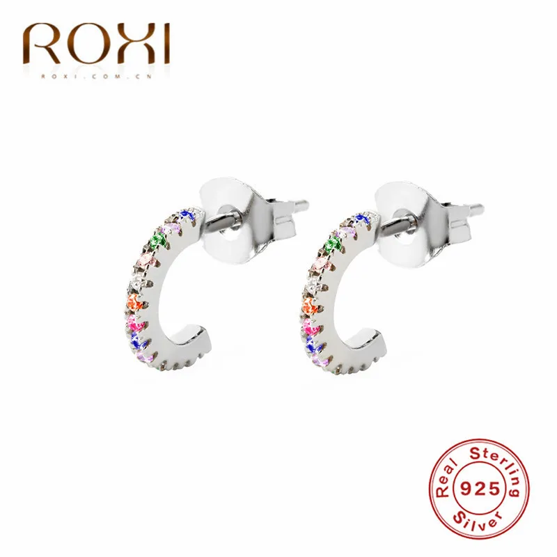 HBRY-2 ROXI женские золотые CZ радужные серьги-гвоздики 925 пробы Серебряные Красочные Кристальные круглые серьги женские Геометрические корейские серьги - Окраска металла: HBRY-2