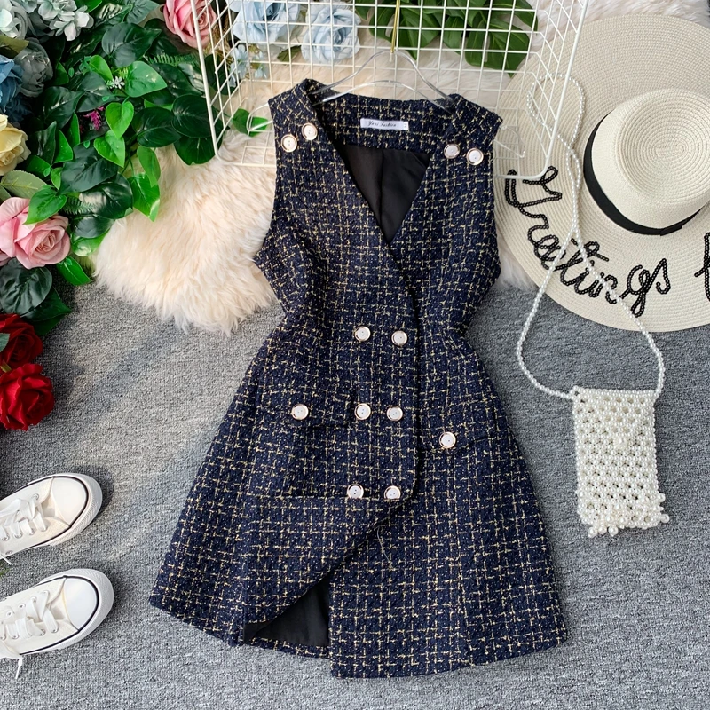 

2019 Autumn Winter Temperament Tweed Dress for Women Small Fragrant Wind V Collar Double Row Buckle Slim Sleeveless Dress Women