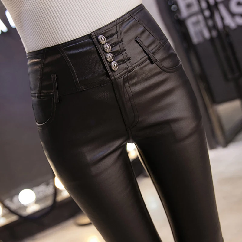 Single-breasted Stretch Fleece Winter Pants Women PU Warm Female Pencil Velvet Trousers Skinny Leather Pants