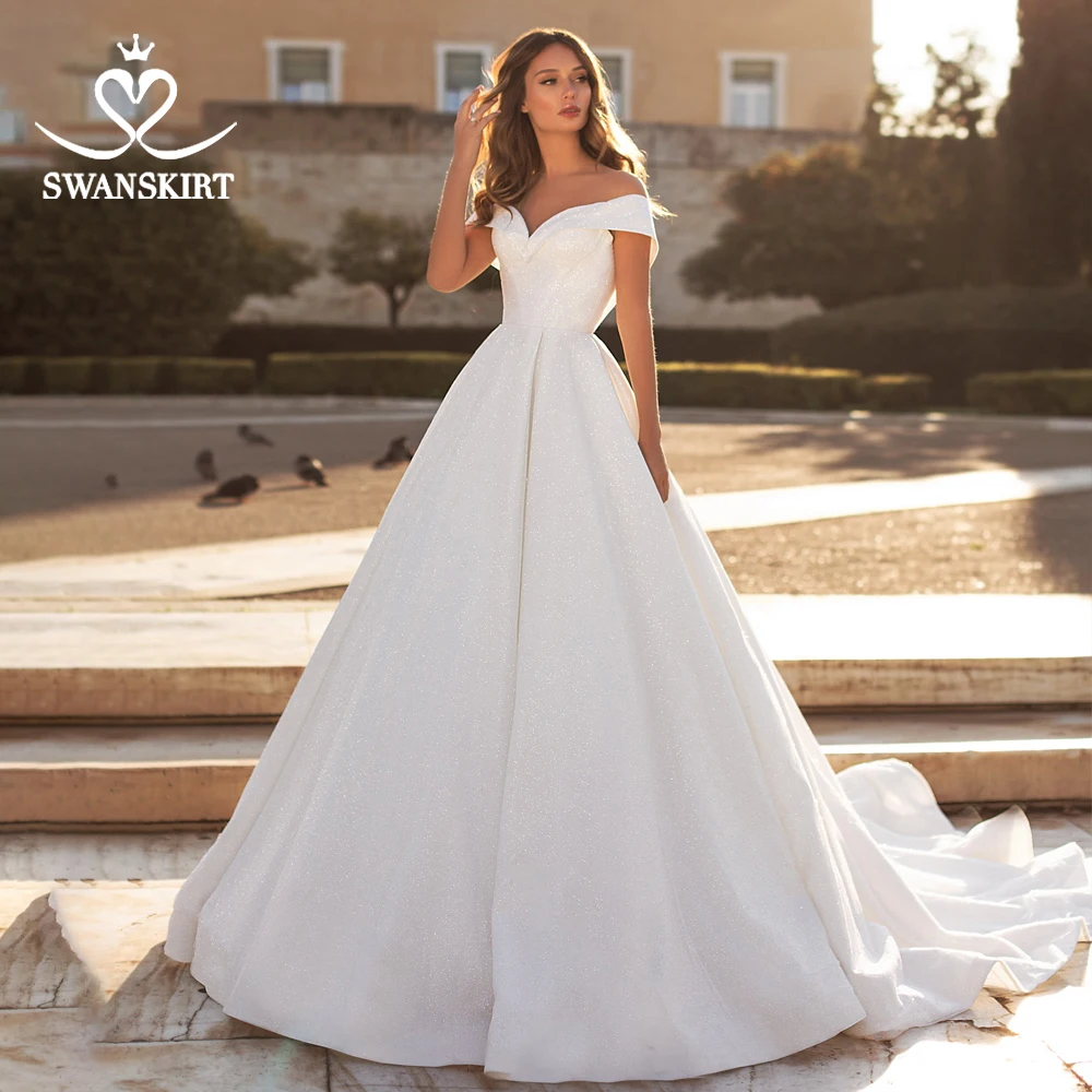 

Stunning Satin Wedding Dress 2020 New Swanskirt Sweetheart Off the Shoulder A-Line Court Train Bride Gown Vestido de noiva UZ26
