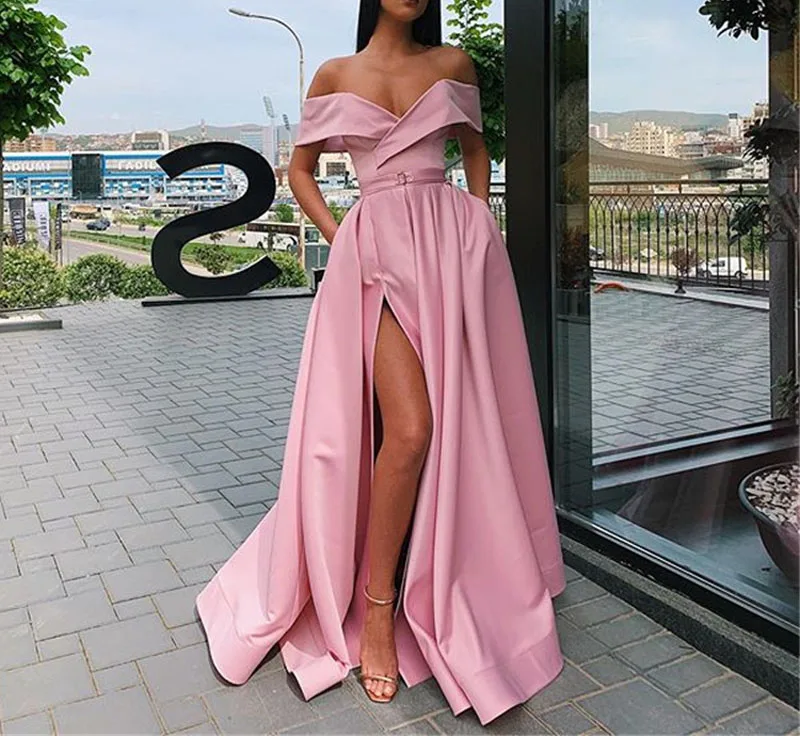 Royal Blue Long Prom Dresses High Split Off Shoulder Lace Up Satin Cheap Evening Dress Formal Gowns Vestidos De Festa